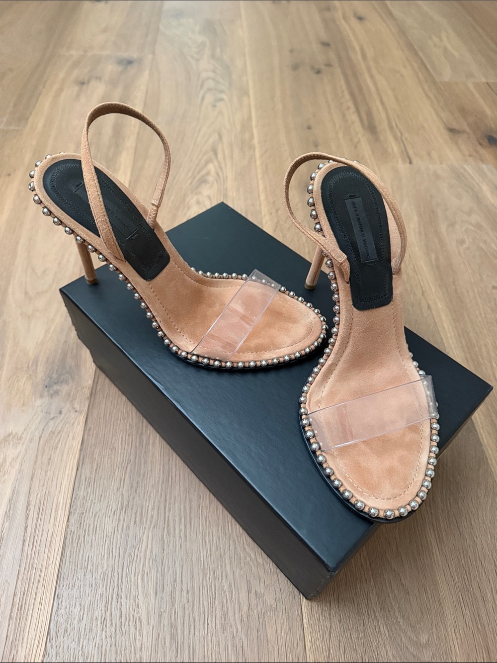 Alexander Wang Tan Suede Slingback Heels with Clear Strap and Stud Trim